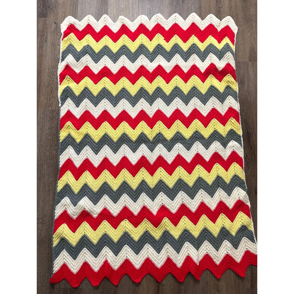 Vintage Crochet Afghan Throw Blanket MCM Orange Green Yellow 57" Zig Zag Chevron